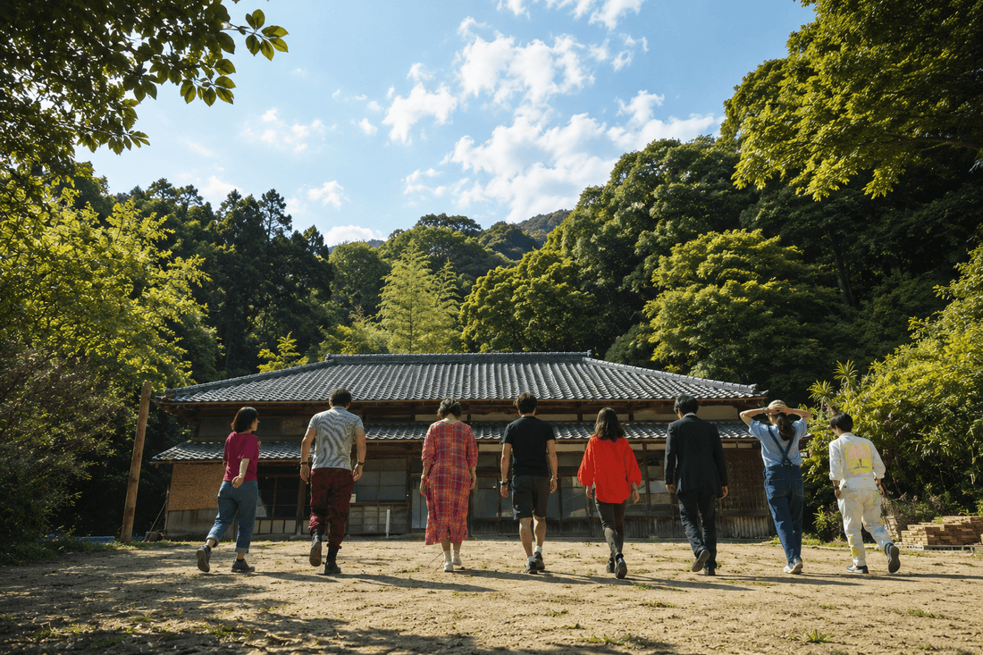 地域の建物へ向かって一緒に歩く人々